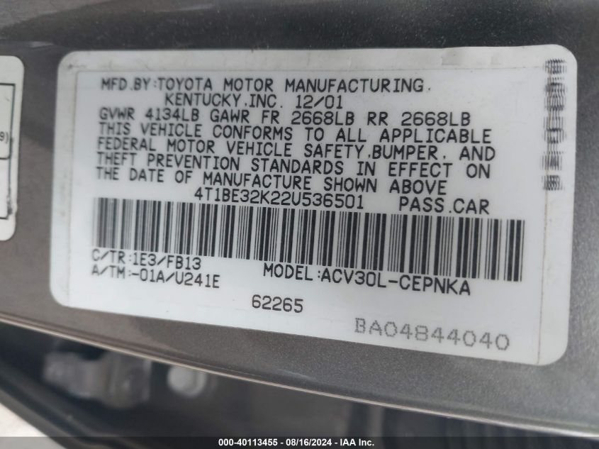 4T1BE32K22U536501 2002 Toyota Camry Le