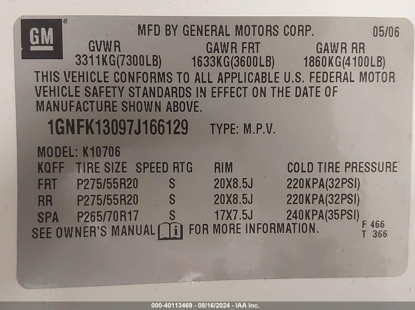 2007 Chevrolet Tahoe Ltz VIN: 1GNFK13097J166129 Lot: 40113469