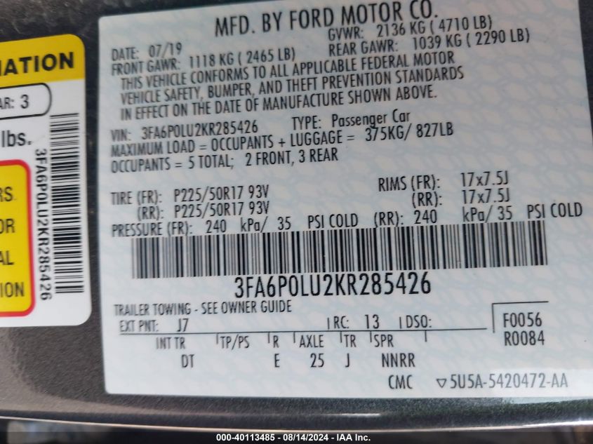 2019 Ford Fusion Hybrid Se VIN: 3FA6P0LU2KR285426 Lot: 40113485