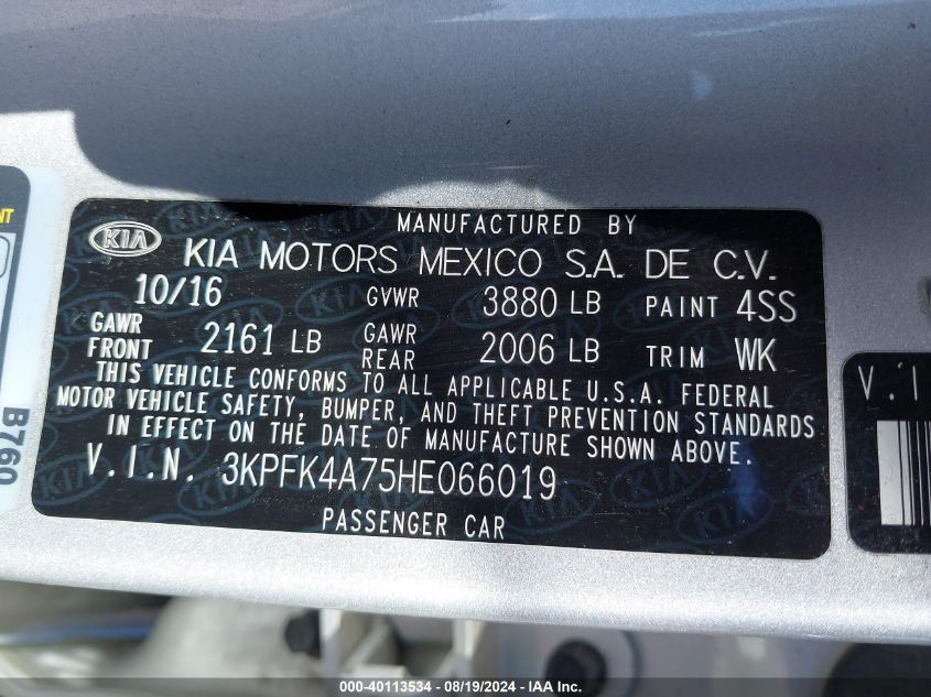 2017 Kia Forte Lx VIN: 3KPFK4A75HE066019 Lot: 40113534
