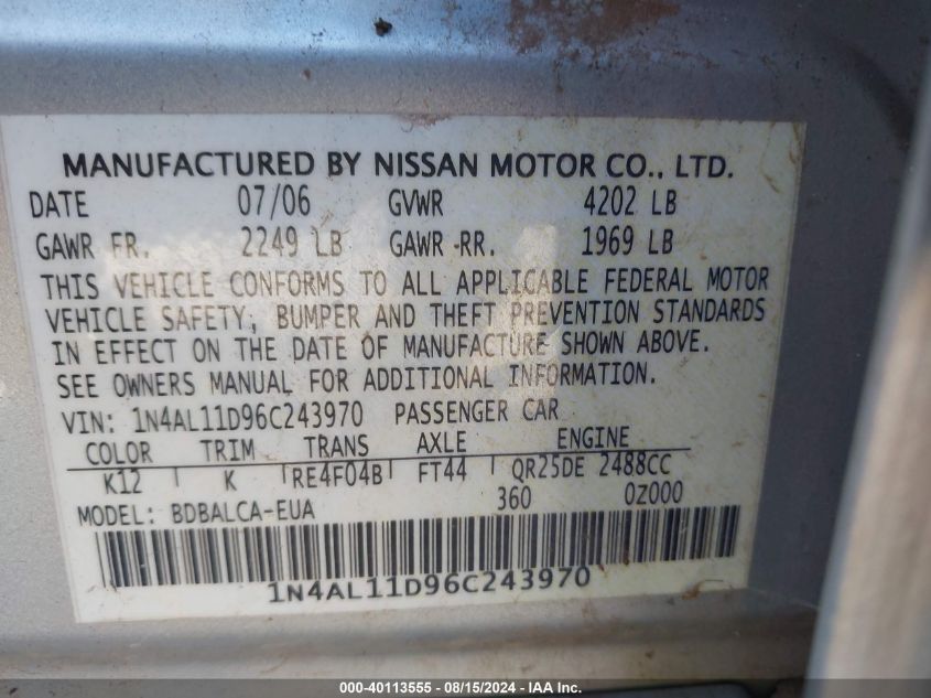 1N4AL11D96C243970 2006 Nissan Altima 2.5 S