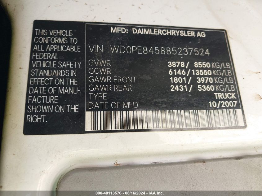 2008 Dodge Sprinter 2500 VIN: WD0PE845885237524 Lot: 40113576