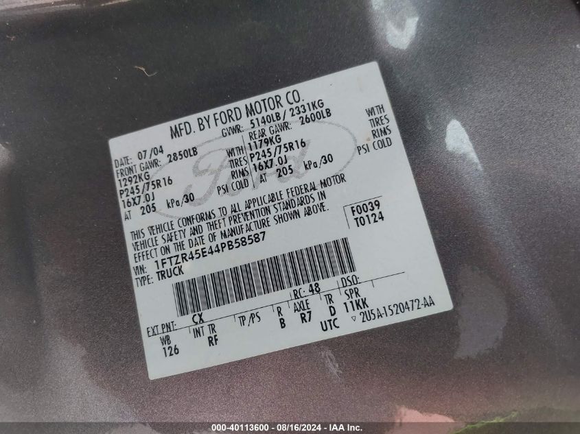 2004 Ford Ranger Super Cab VIN: 1FTZR45E44PB58587 Lot: 40113600