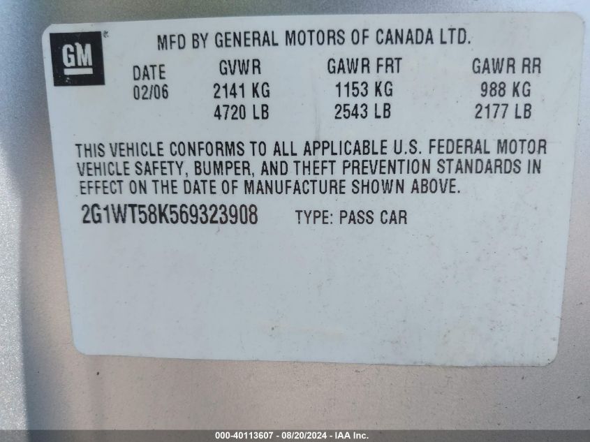 2006 Chevrolet Impala Lt VIN: 2G1WT58K569323908 Lot: 40113607