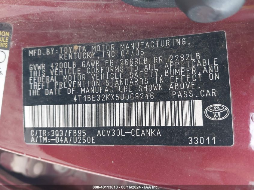 2005 Toyota Camry Le VIN: 4T1BE32KX5U068246 Lot: 40113610