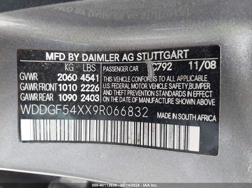 2009 Mercedes-Benz C 300 Luxury/Sport VIN: WDDGF54XX9R066832 Lot: 40113630