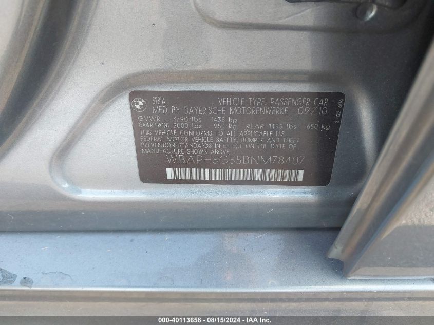 2011 BMW 328I VIN: WBAPH5G55BNM78407 Lot: 40113658