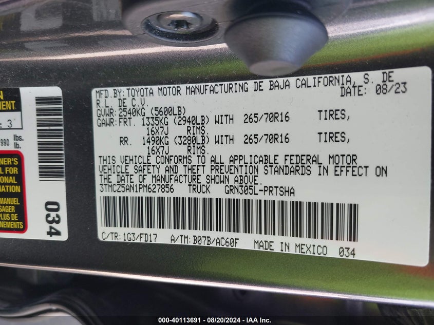 2023 Toyota Tacoma Trd Off Road VIN: 3TMCZ5AN1PM627856 Lot: 40113691