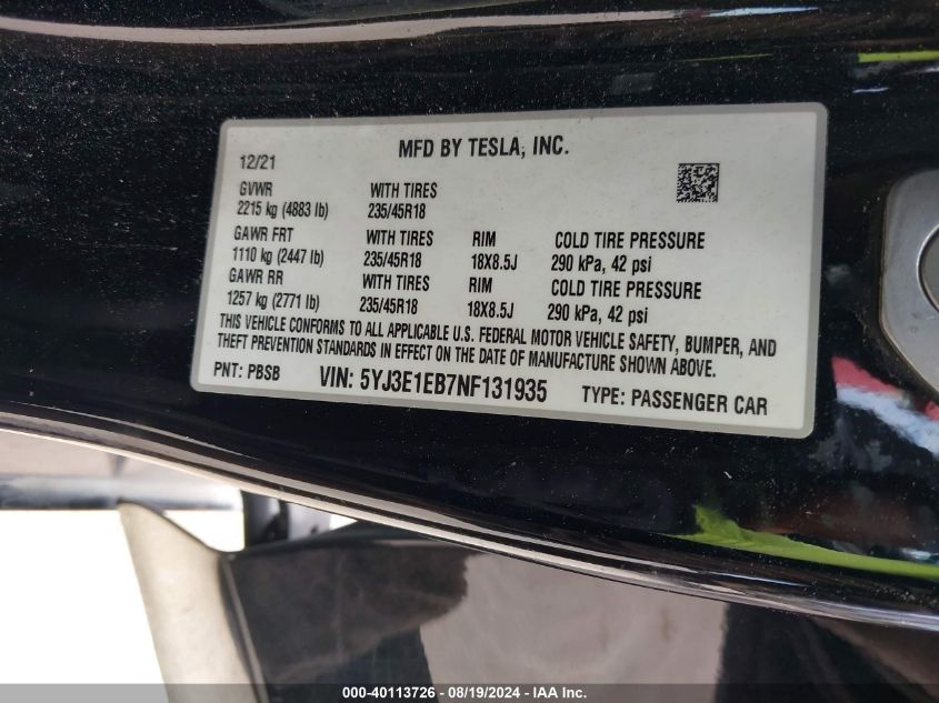 2022 Tesla Model 3 Long Range Dual Motor All-Wheel Drive VIN: 5YJ3E1EB7NF131935 Lot: 40113726