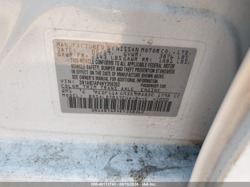 VIN 3N1AB7AP4KY358362 2019 NISSAN SENTRA SV