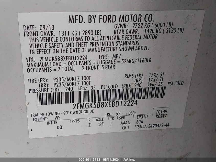 2014 Ford Flex Se VIN: 2FMGK5B8XEBD12224 Lot: 40113783