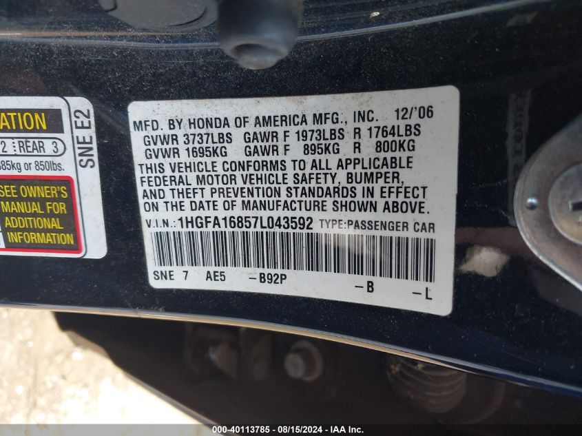 2007 Honda Civic Ex VIN: 1HGFA16857L043592 Lot: 40113785
