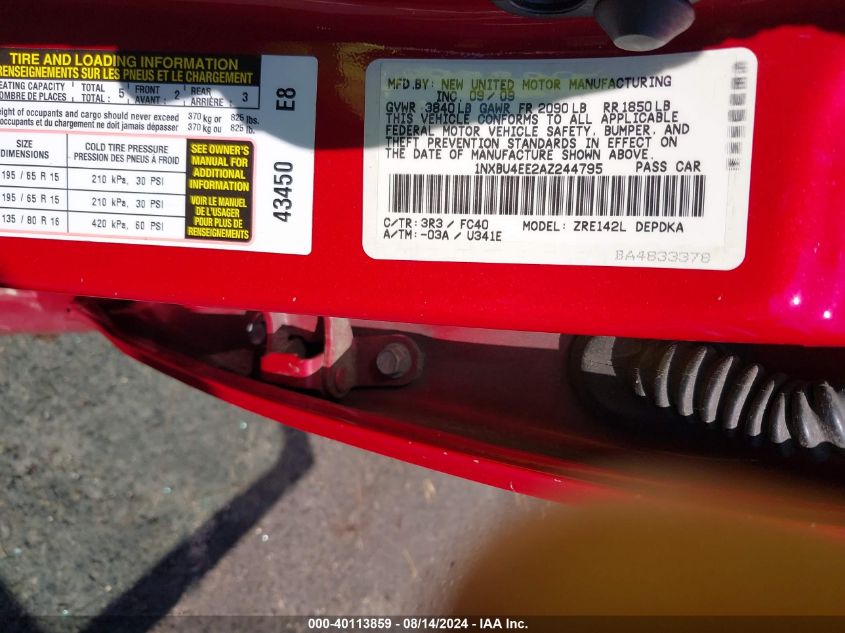 2010 Toyota Corolla Le VIN: 1NXBU4EE2AZ244795 Lot: 40113859