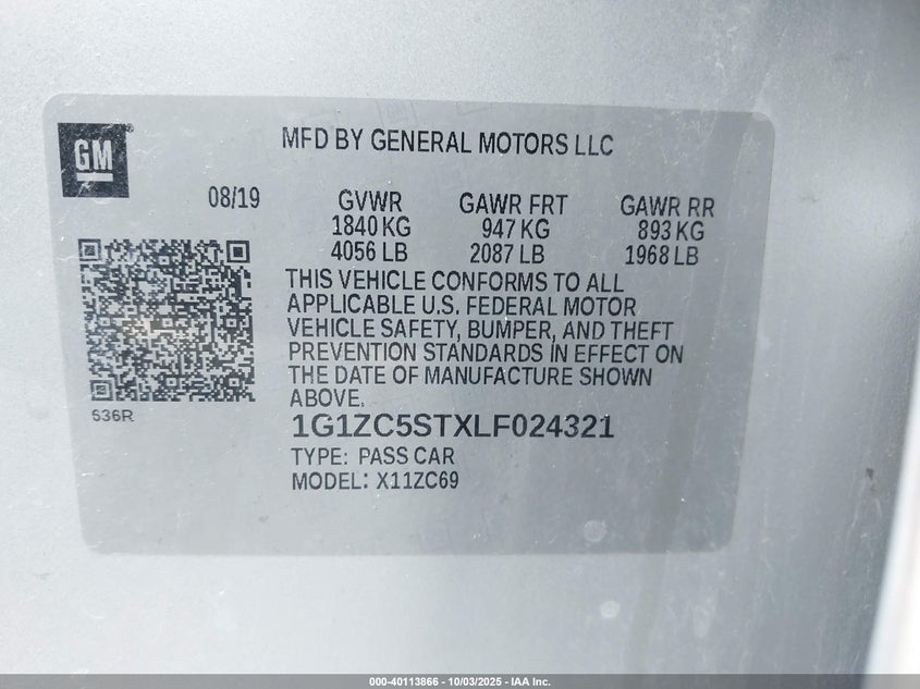 2020 Chevrolet Malibu Fwd 1Fl VIN: 1G1ZC5STXLF024321 Lot: 40113866