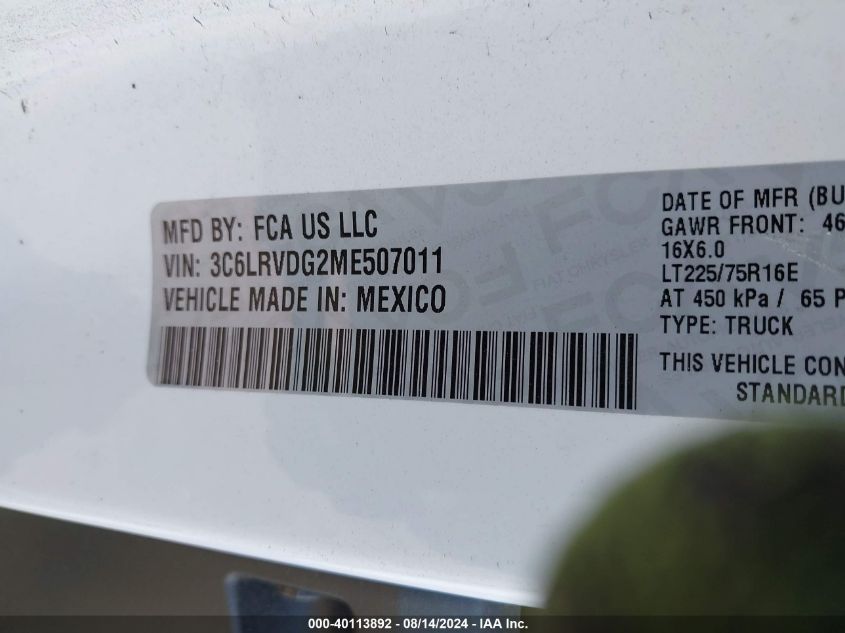 2021 Ram Promaster 2500 High Roof 159 Wb VIN: 3C6LRVDG2ME507011 Lot: 40113892