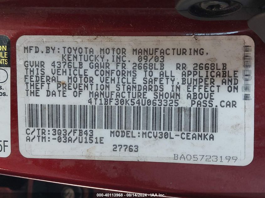 4T1BF30K544063325 2004 Toyota Camry Le/Xle/Se