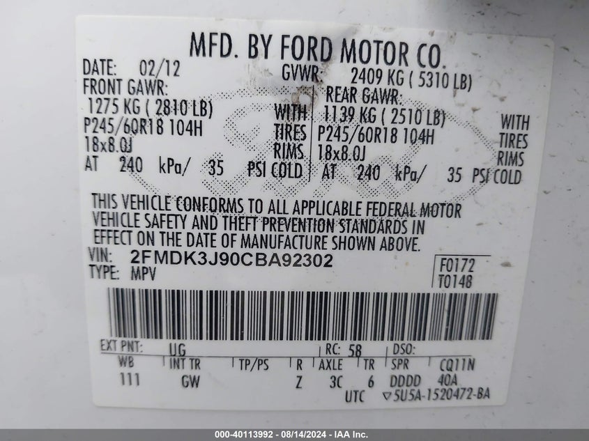 2012 Ford Edge Sel VIN: 2FMDK3J90CBA92302 Lot: 40113992