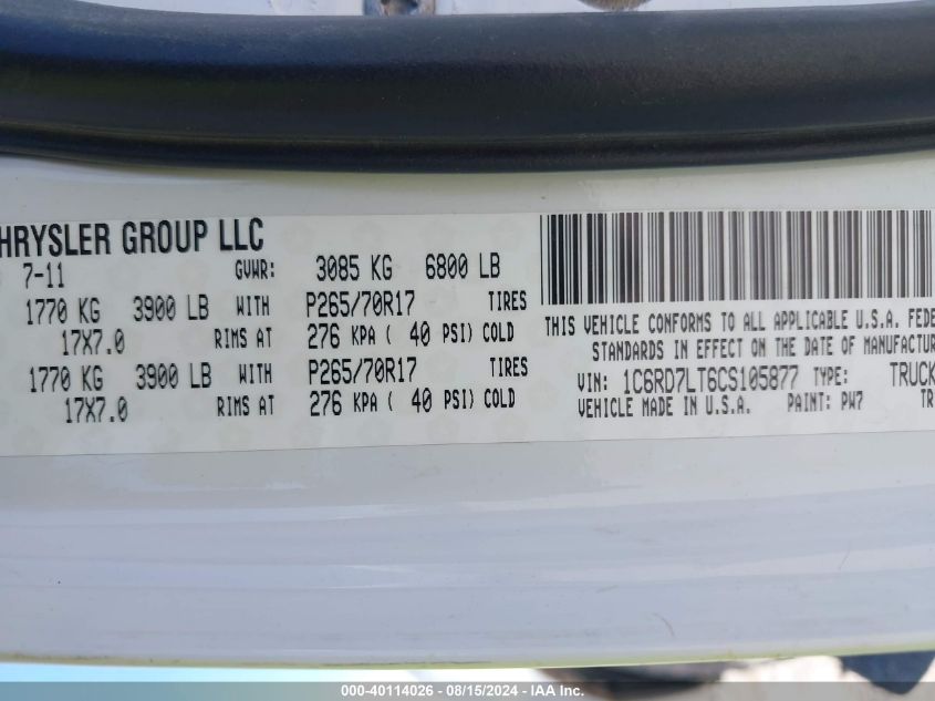 2012 Ram 1500 Slt VIN: 1C6RD7LT6CS105877 Lot: 40114026
