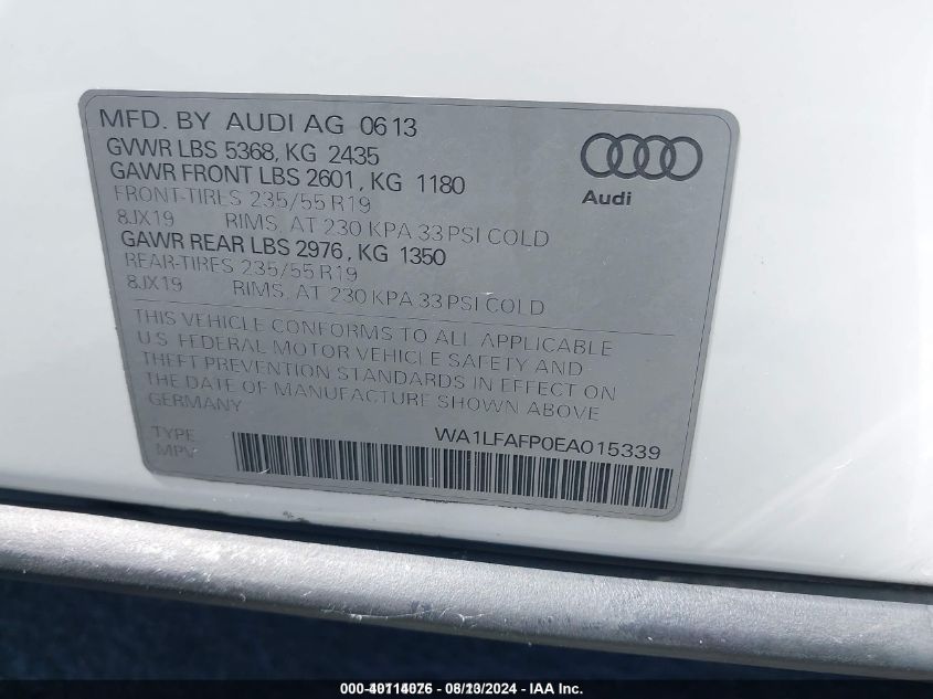 2014 Audi Q5 2.0T Premium VIN: WA1LFAFP0EA015339 Lot: 40114076