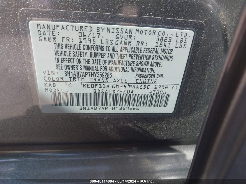 2017 Nissan Sentra Sv VIN: 3N1AB7AP7HY359286 Lot: 40114084