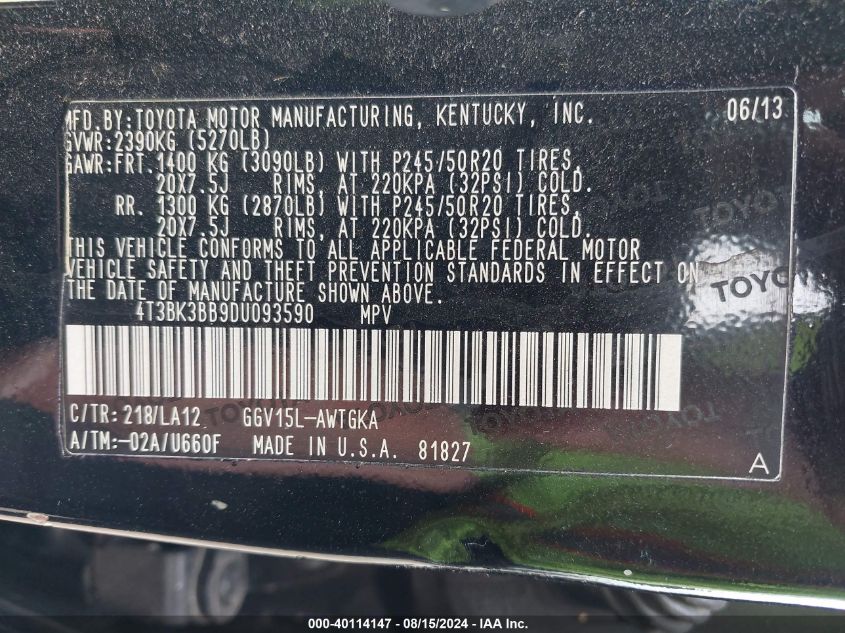 2013 Toyota Venza Le V6/Limited V6/Xle V6 VIN: 4T3BK3BB9D4093590 Lot: 40114147