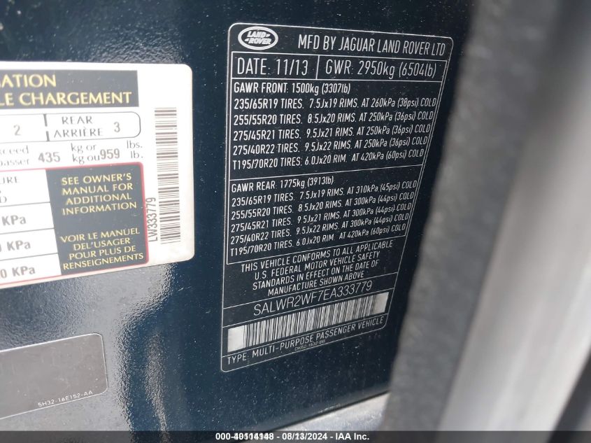 2014 Land Rover Range Rover Sport 3.0L V6 Supercharged Hse VIN: SALWR2WF7EA333779 Lot: 40114148