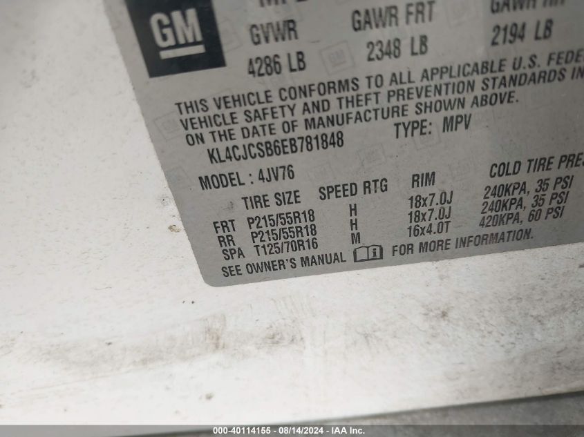 2014 Buick Encore Leather VIN: KL4CJCSB6EB781848 Lot: 40114155