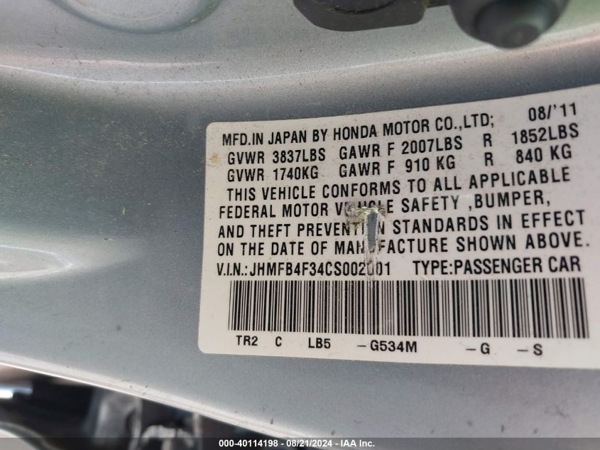 2012 Honda Civic Hybrid VIN: JHMFB4F34CS002001 Lot: 40114198