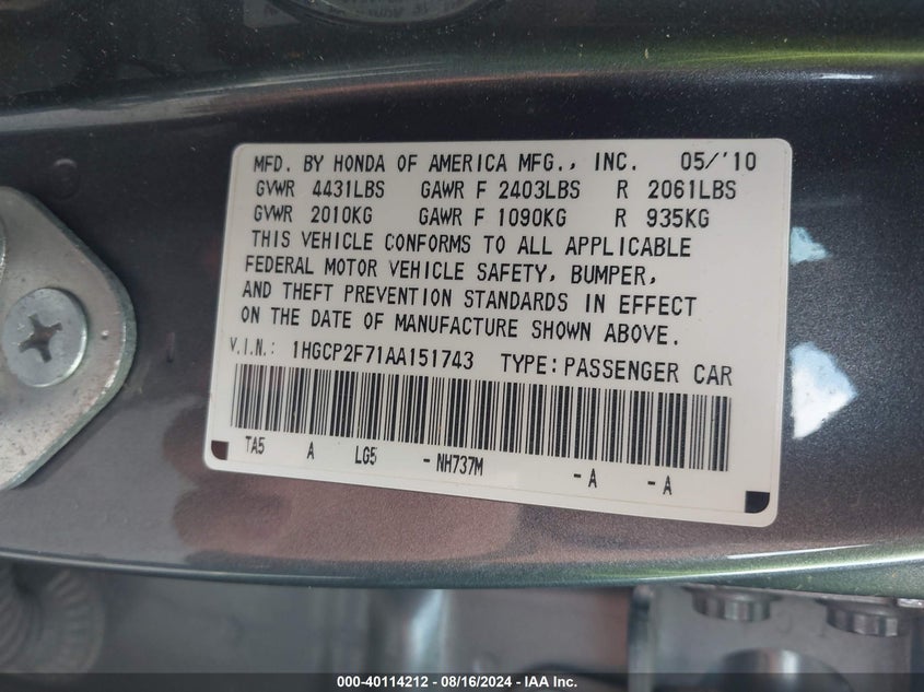 2010 Honda Accord 2.4 Ex VIN: 1HGCP2F71AA151743 Lot: 40114212