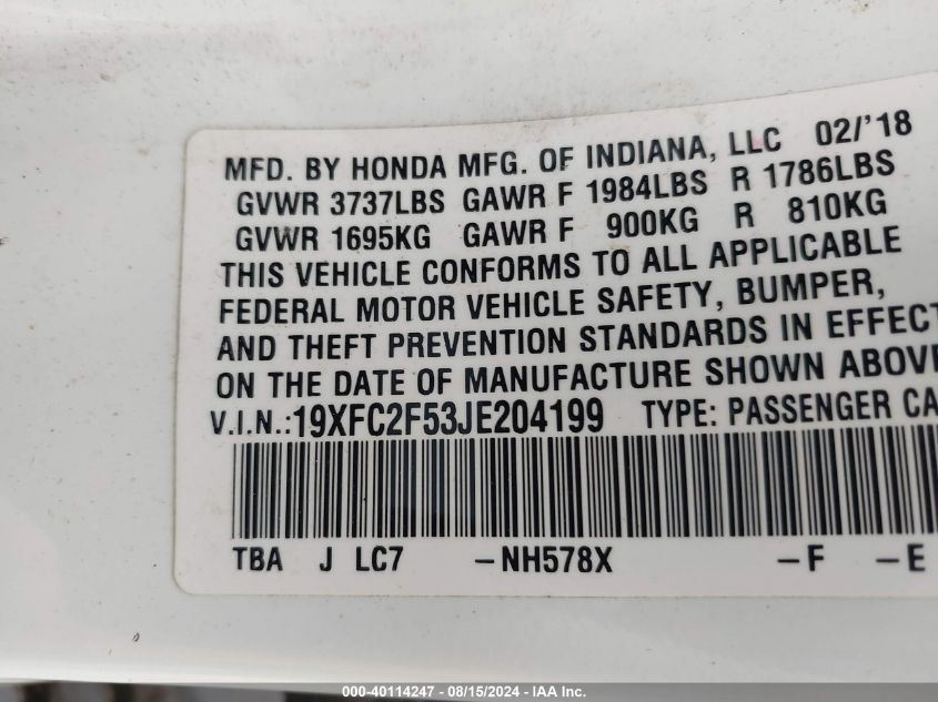 19XFC2F53JE204199 2018 Honda Civic Lx