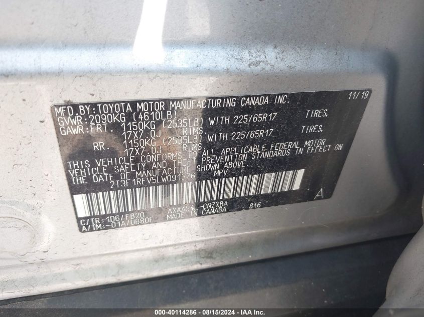 2020 Toyota Rav4 Le VIN: 2T3F1RFV5LW091376 Lot: 40114286