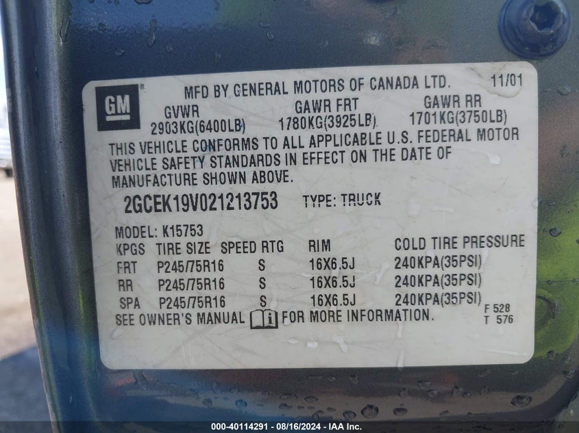 2002 Chevrolet Silverado 1500 Ls VIN: 2GCEK19V021213753 Lot: 40114291