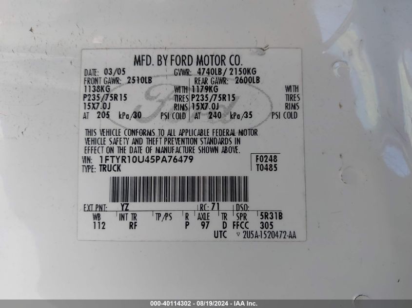 1FTYR10U45PA76479 2005 Ford Ranger Edge/Stx/Xl/Xls/Xlt