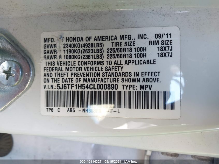 2012 Honda Crosstour Ex-L VIN: 5J6TF1H54CL000890 Lot: 40114327