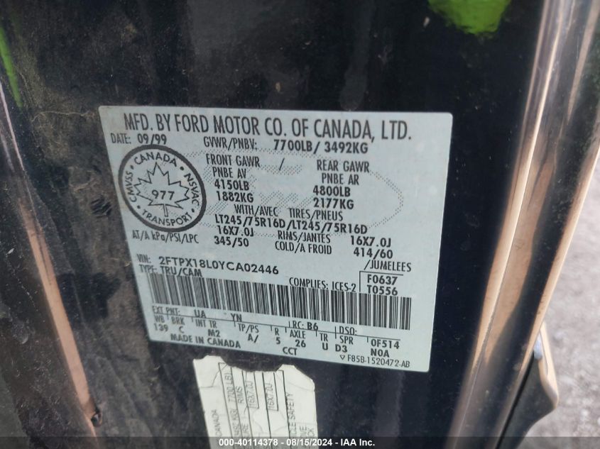 2000 Ford F150 VIN: 2FTPX18L0YCA02446 Lot: 40114378