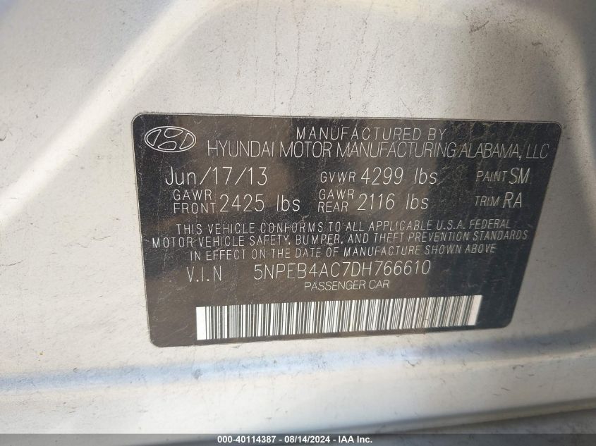 2013 Hyundai Sonata Gls VIN: 5NPEB4AC7DH766610 Lot: 40114387