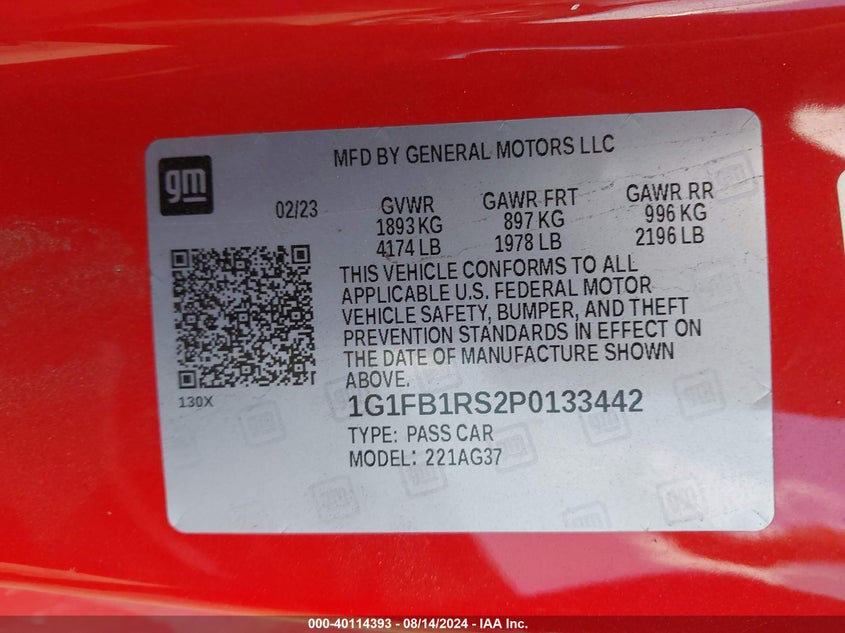 2023 Chevrolet Camaro Rwd 1Lt VIN: 1G1FB1RS2P0133442 Lot: 40114393
