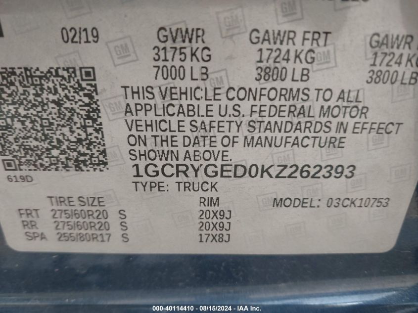 2019 CHEVROLET SILVERADO 1500 LTZ - 1GCRYGED0KZ262393