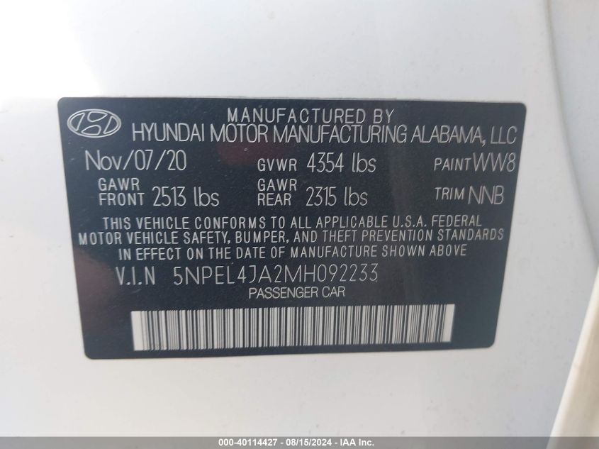 2021 Hyundai Sonata Sel VIN: 5NPEL4JA2MH092233 Lot: 40114427