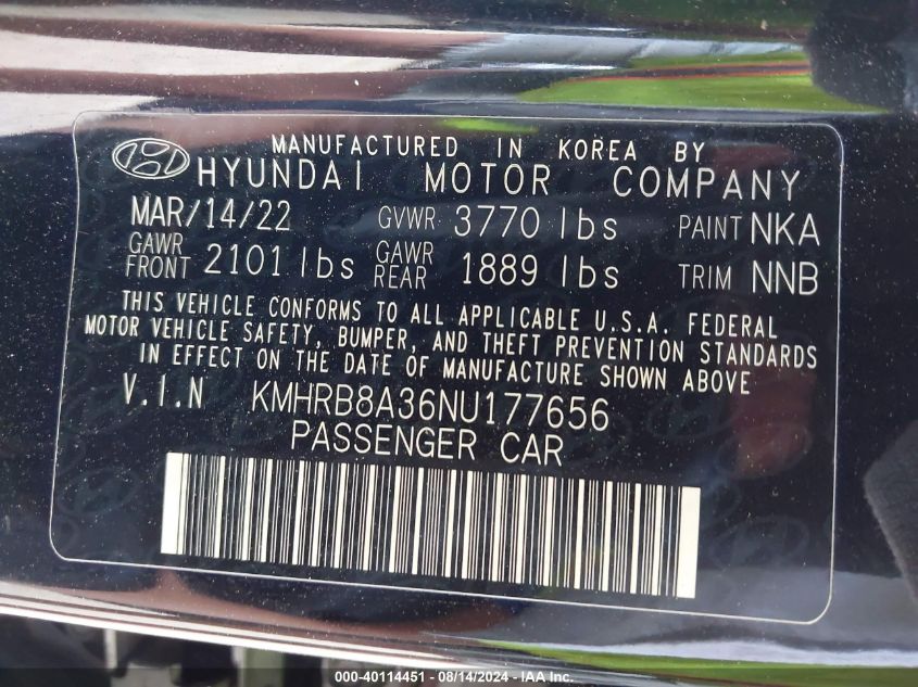 2022 Hyundai Venue Se VIN: KMHRB8A36NU177656 Lot: 40114451