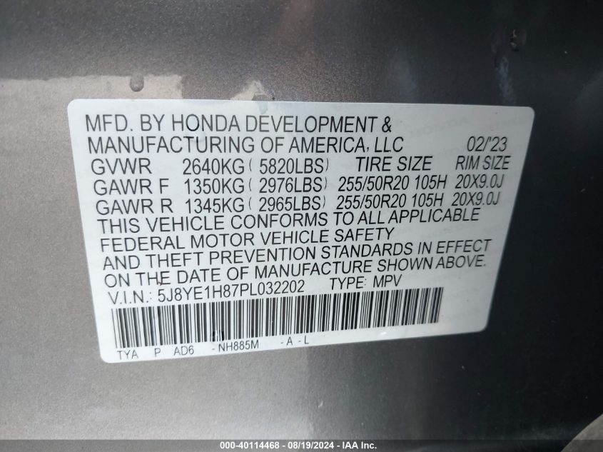 2023 Acura Mdx Advance Package VIN: 5J8YE1H87PL032202 Lot: 40114468