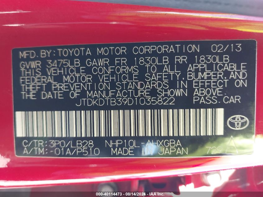 JTDKDTB39D1035822 2013 Toyota Prius C Four