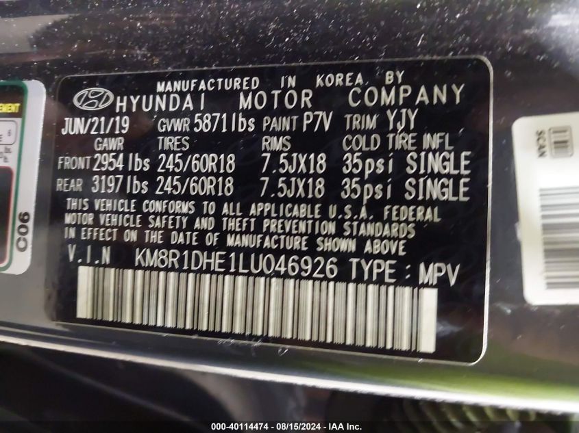 2020 Hyundai Palisade Se VIN: KM8R1DHE1LU046926 Lot: 40114474