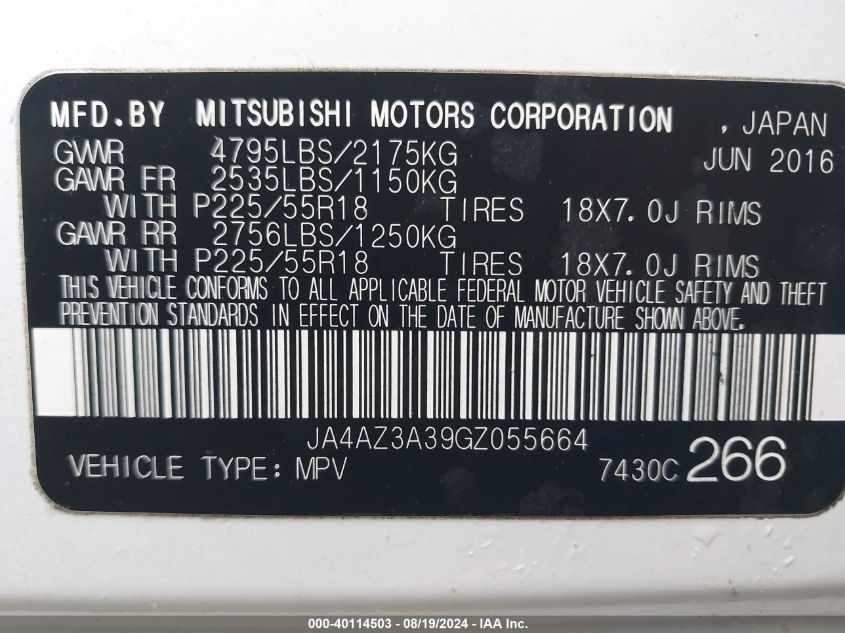 2016 Mitsubishi Outlander Se VIN: JA4AZ3A39GZ055664 Lot: 40114503