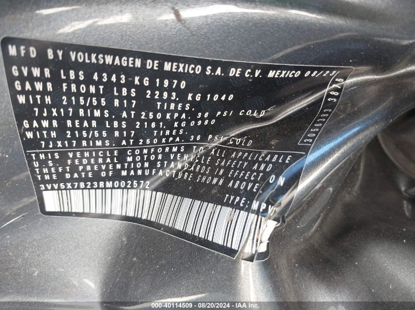 2024 Volkswagen Taos S VIN: 3VV5X7B23RM002572 Lot: 40114509