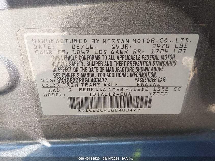 2016 Nissan Versa Note S (Sr)/S Plus/Sl/Sr/Sv VIN: 3N1CE2CP0GL403477 Lot: 40114520