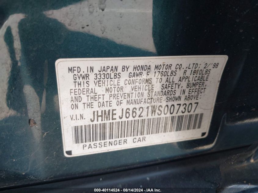 1998 Honda Civic Dx VIN: JHMEJ6621WS007307 Lot: 40114524