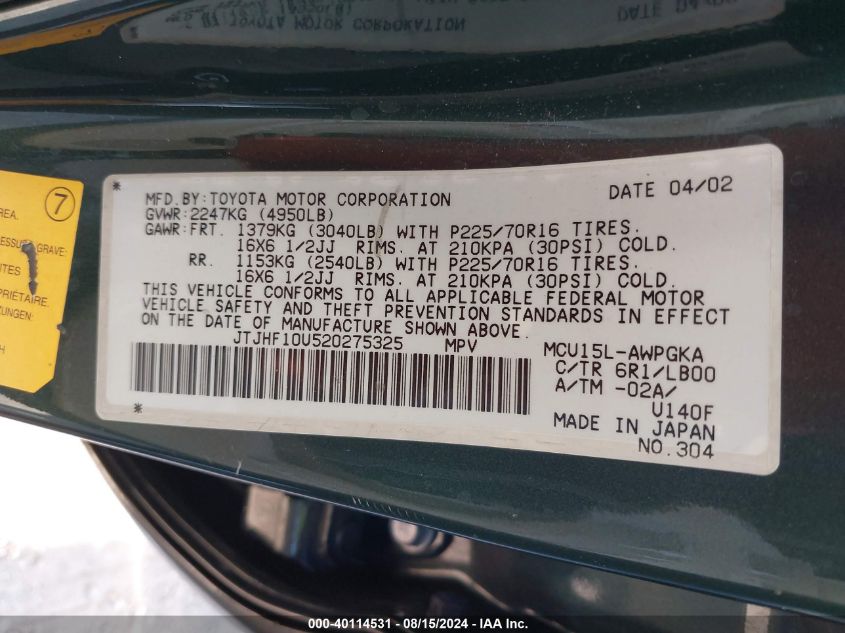 2002 Lexus Rx 300 VIN: JTJHF10U520275325 Lot: 40114531