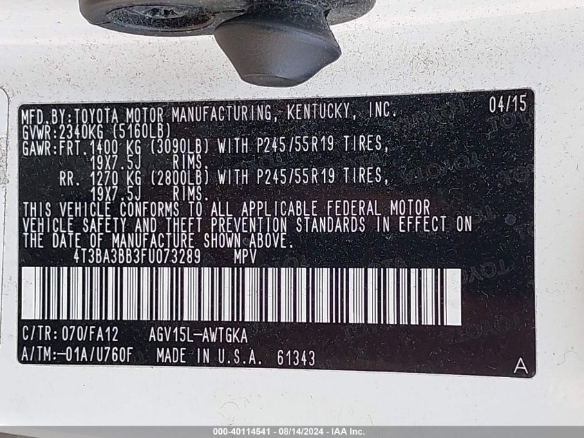 2015 Toyota Venza Le VIN: 4T3BA3BB3FU073289 Lot: 40114541