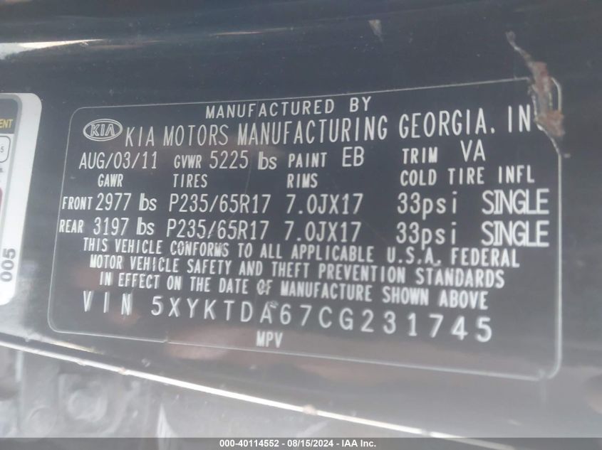 2012 Kia Sorento Lx VIN: 5XYKTDA67CG231745 Lot: 40114552